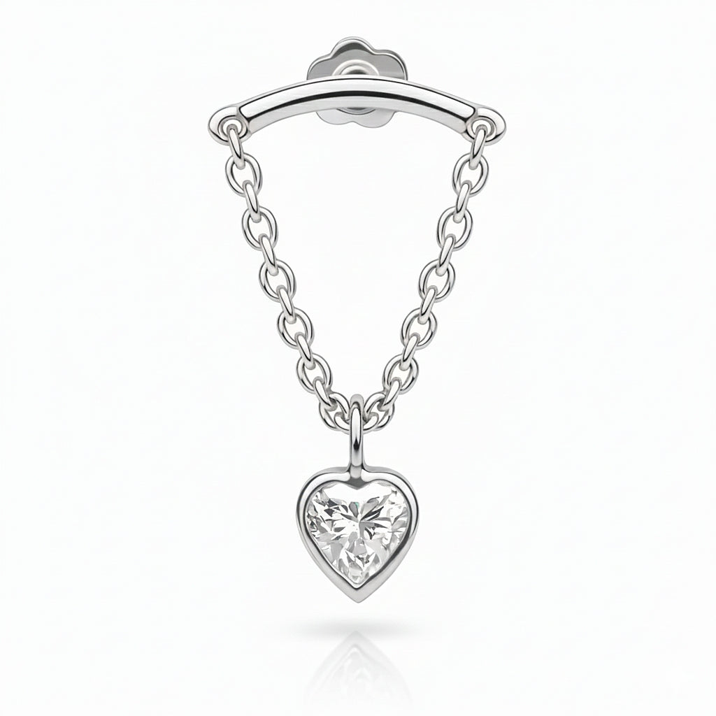 18K White Gold Hidden Helix Chain Stud with Heart-Shape Moissanite