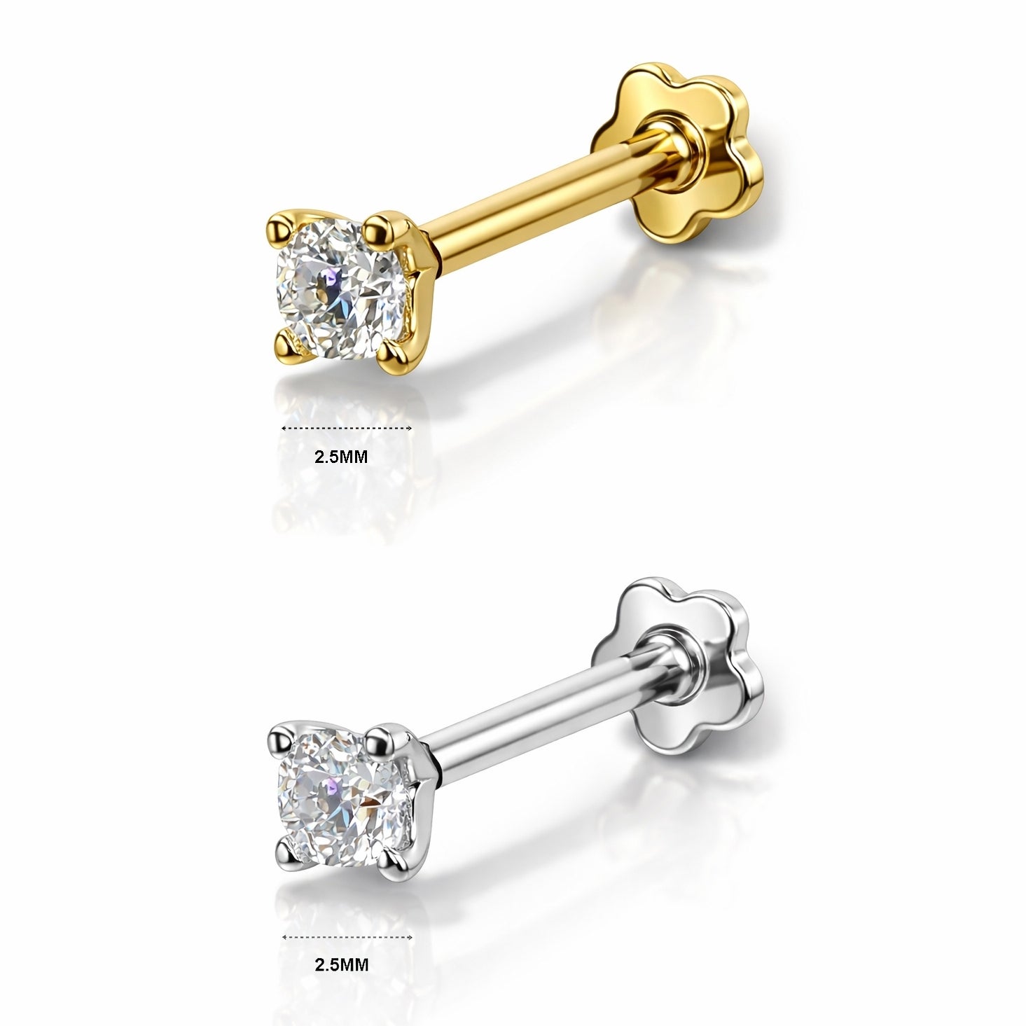 18K Gold Natural Diamond Flat Back Stud – Internally Threaded (16G)