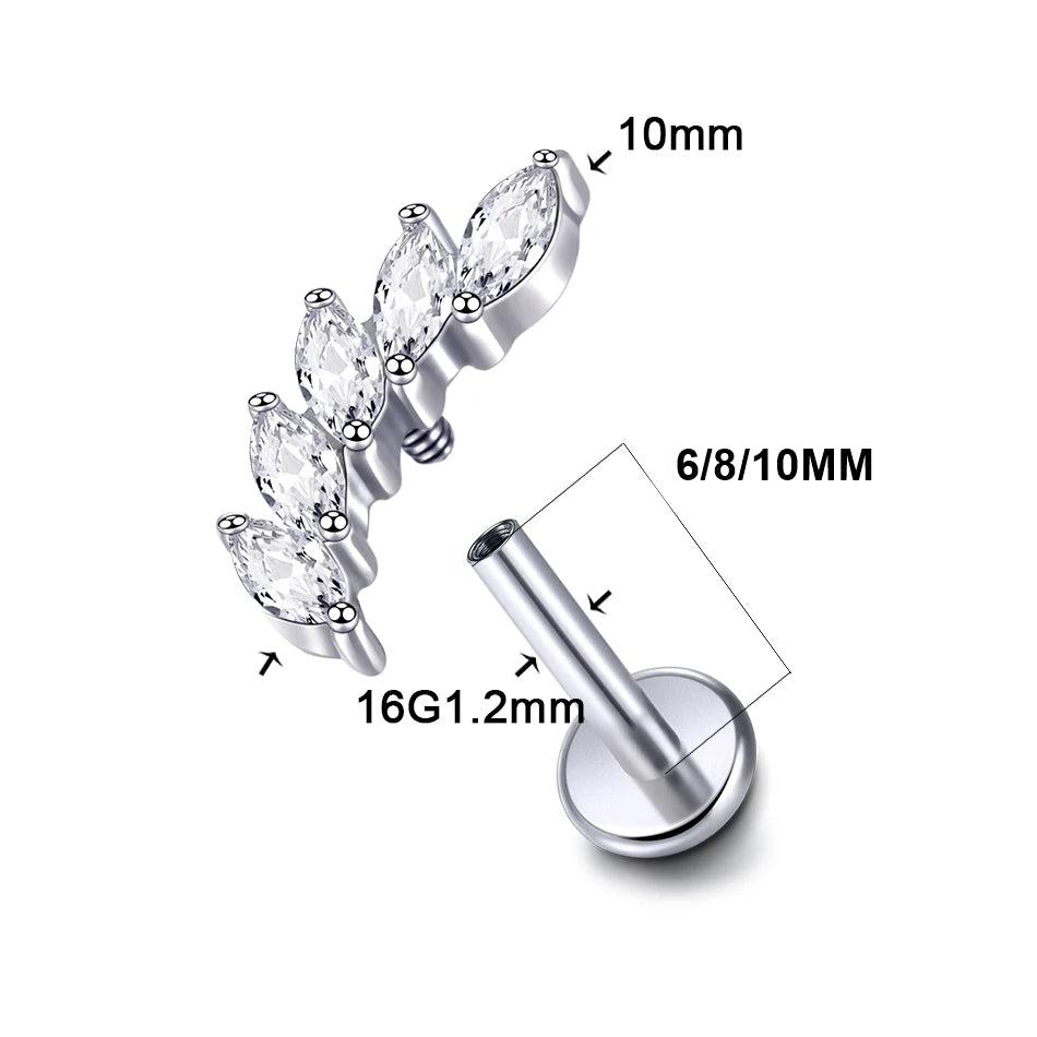 ASTM F136 Titanium 16G (1.2MM) Internally Threaded Curved 5CZ Piercing Stud