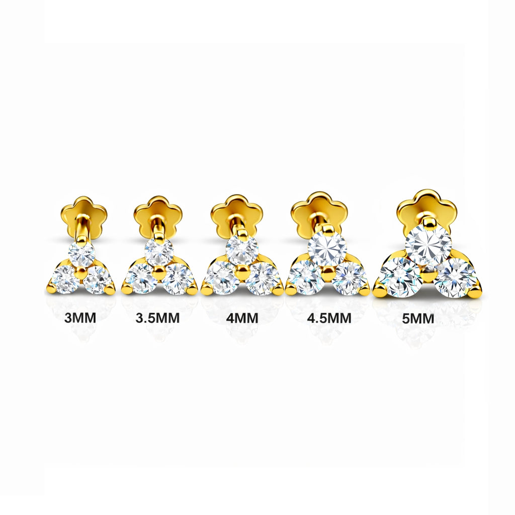 18K Gold Moissanite Flat Back Trinity Stud – Internally Threaded (16G)