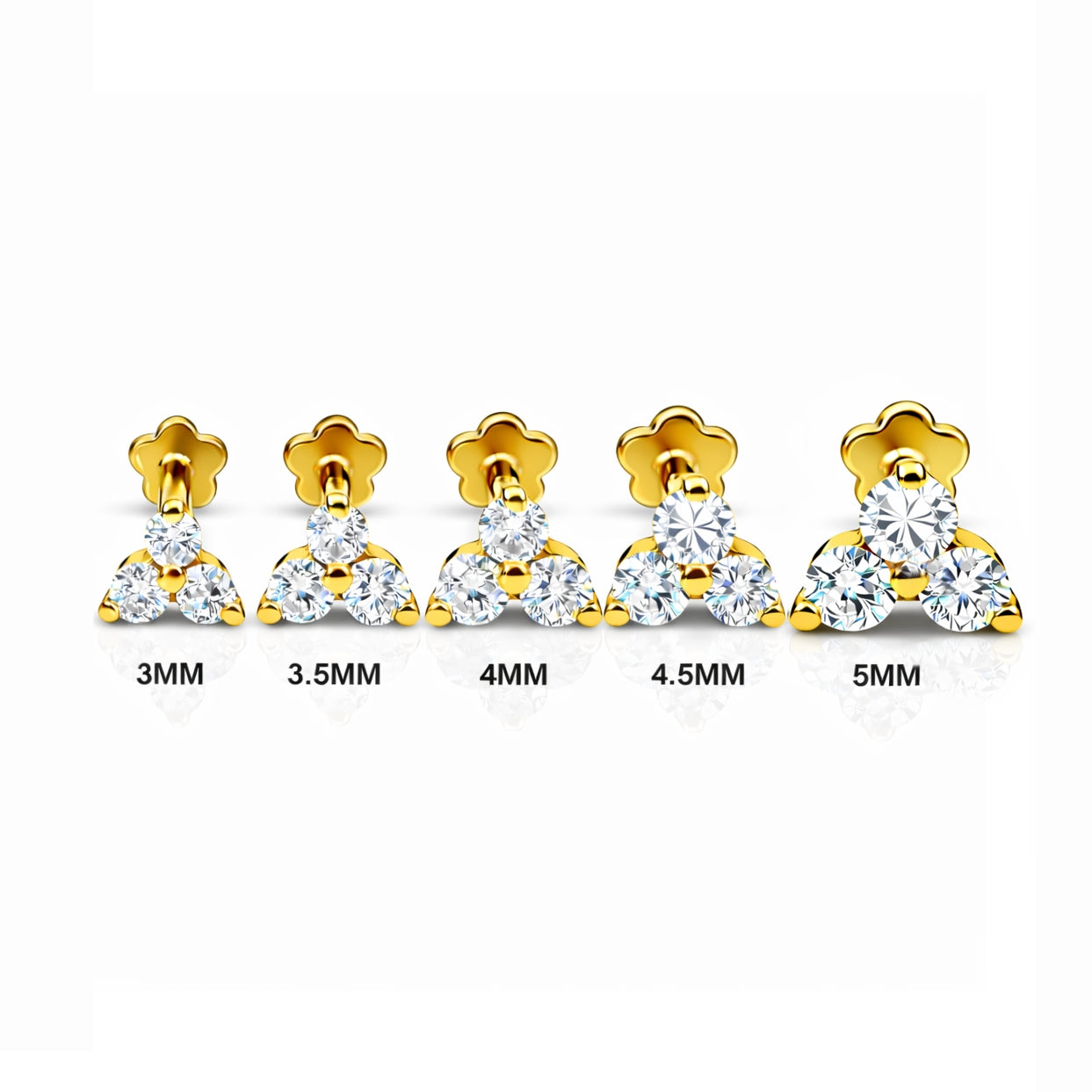 18K Gold Moissanite Flat Back Trinity Stud – Internally Threaded (16G)