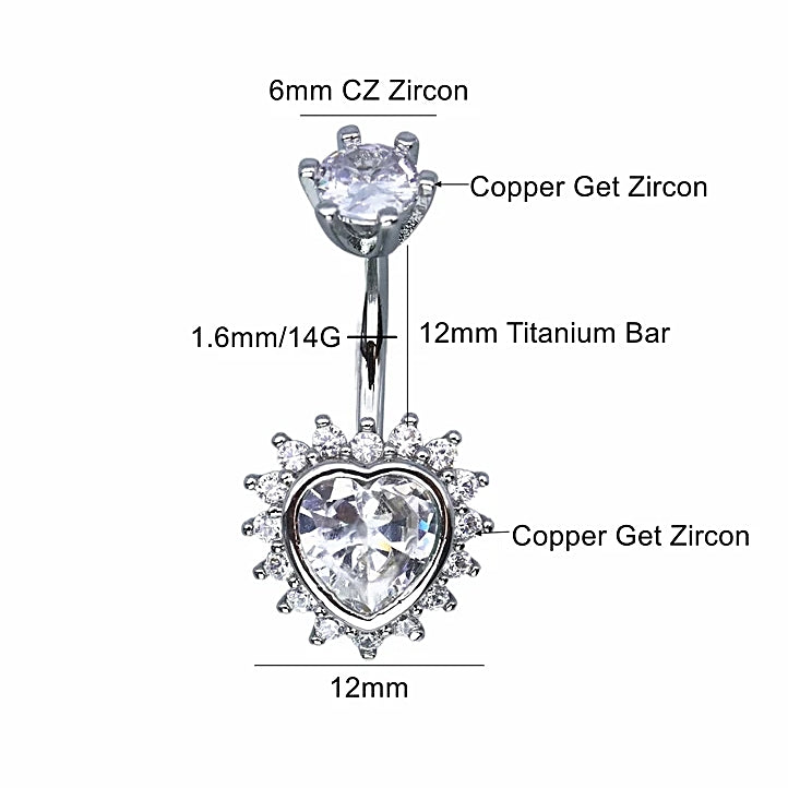 ASTM F136 Titanium 14G (1.6MM) Externally Threaded Heart Shape Belly Button Piercing 12MM