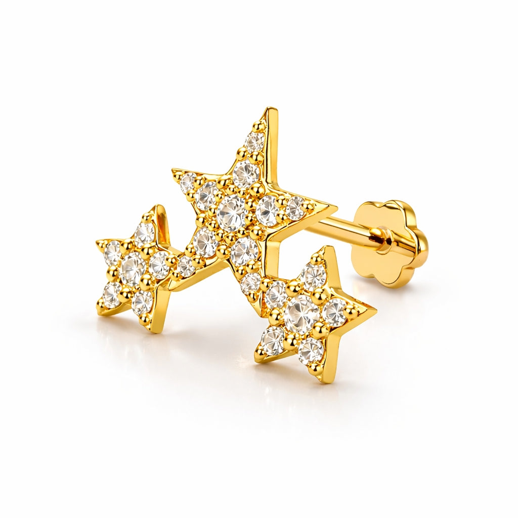 18K Yellow Gold Triple Star Moissanite Threaded End – 16G (Sold Per Piece)