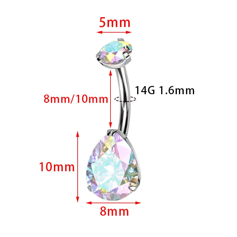 Titanium 14G (1.6MM) Internally Threaded AB Stone Water Drop Belly Button Piercing 10MM