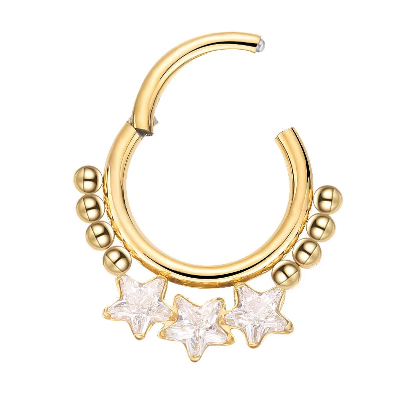 Titanium 3 Star Crystal Daith &amp; Septum Piercing Hoop 16G 10MM