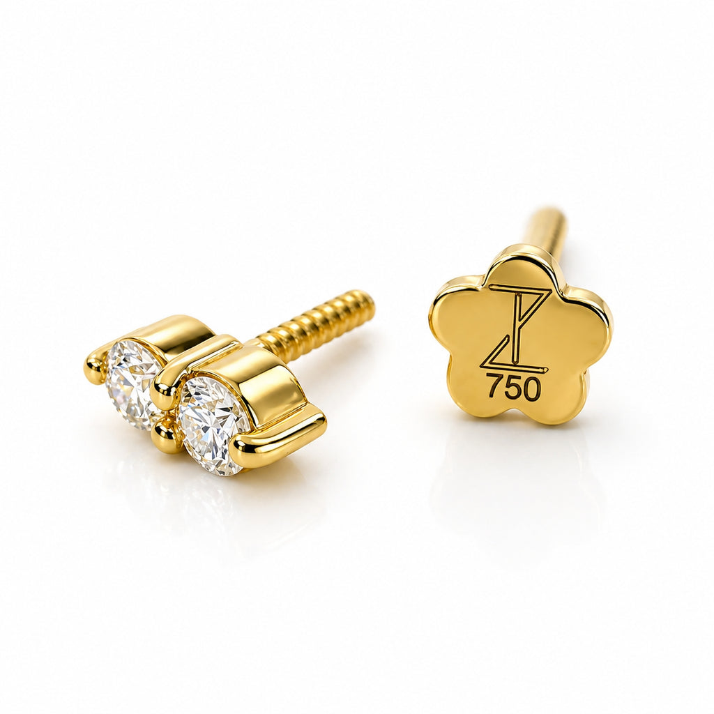 18K Solid Gold Dual Moissanite Flat Back Stud 