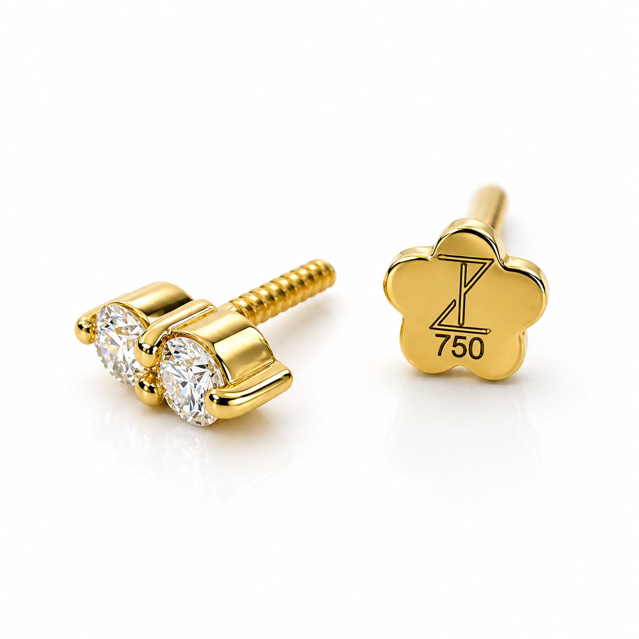 18K Solid Gold Dual Moissanite Flat Back Stud 