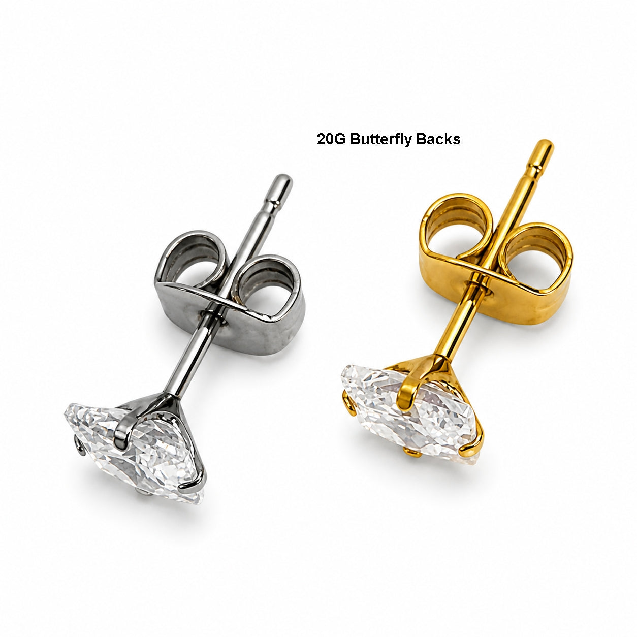 Princess Cut Titanium Stud Earrings – 20G Butterfly Back