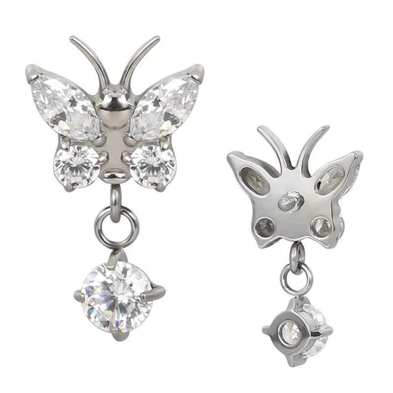 Natural Titanium 16G (1.2mm) Internally Threaded Butterfly Dangling Piercing Stud