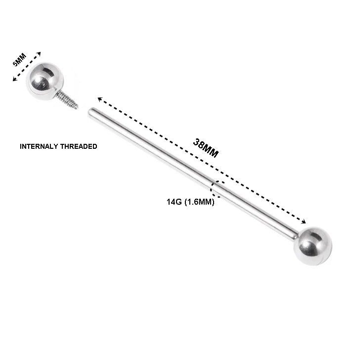 18K White Gold Industrial Barbell Piercing – 38mm, 14G
