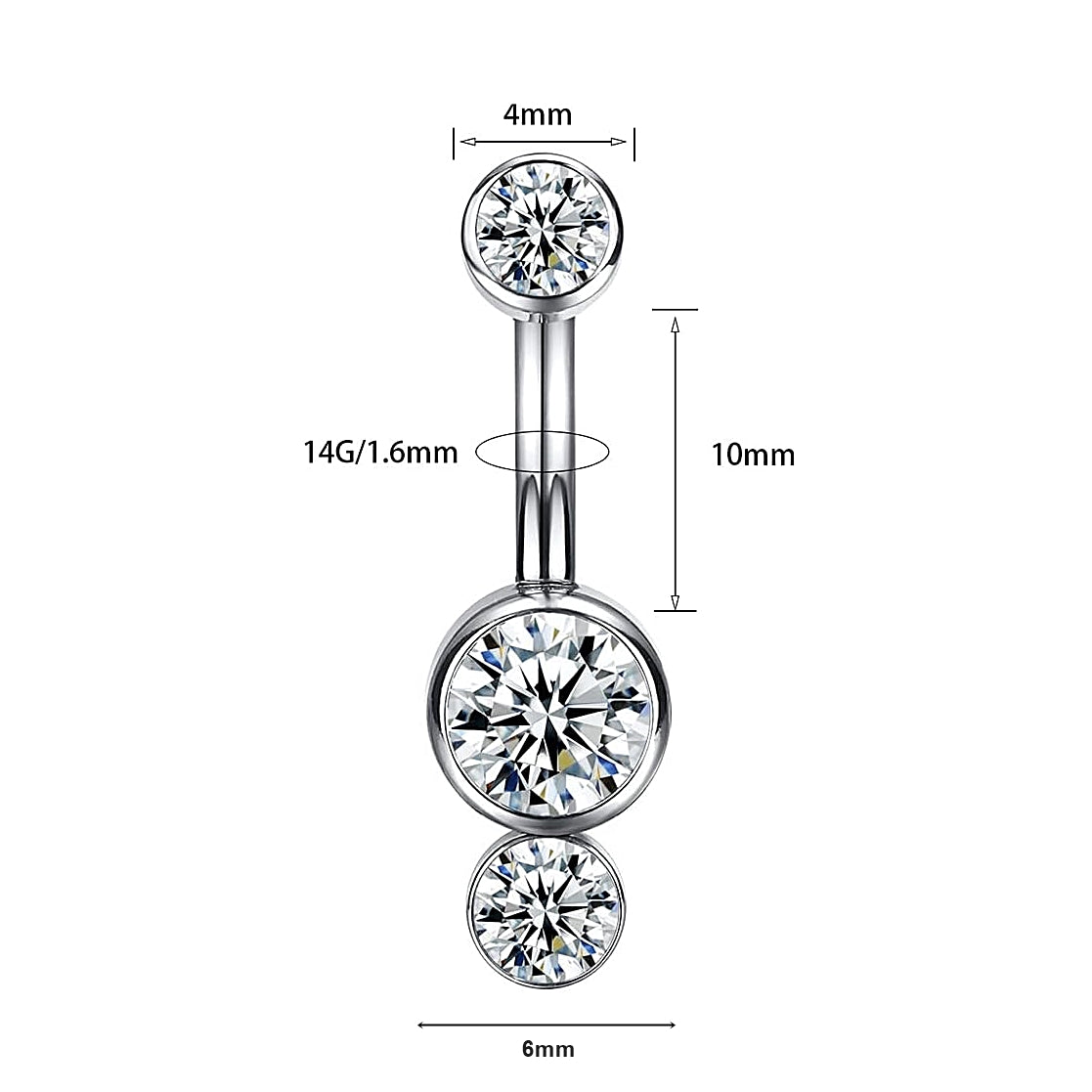 ASTM F136 Titanium 14G (1.6MM) Internally Threaded White Dual Stone Belly Button Piercing 10MM