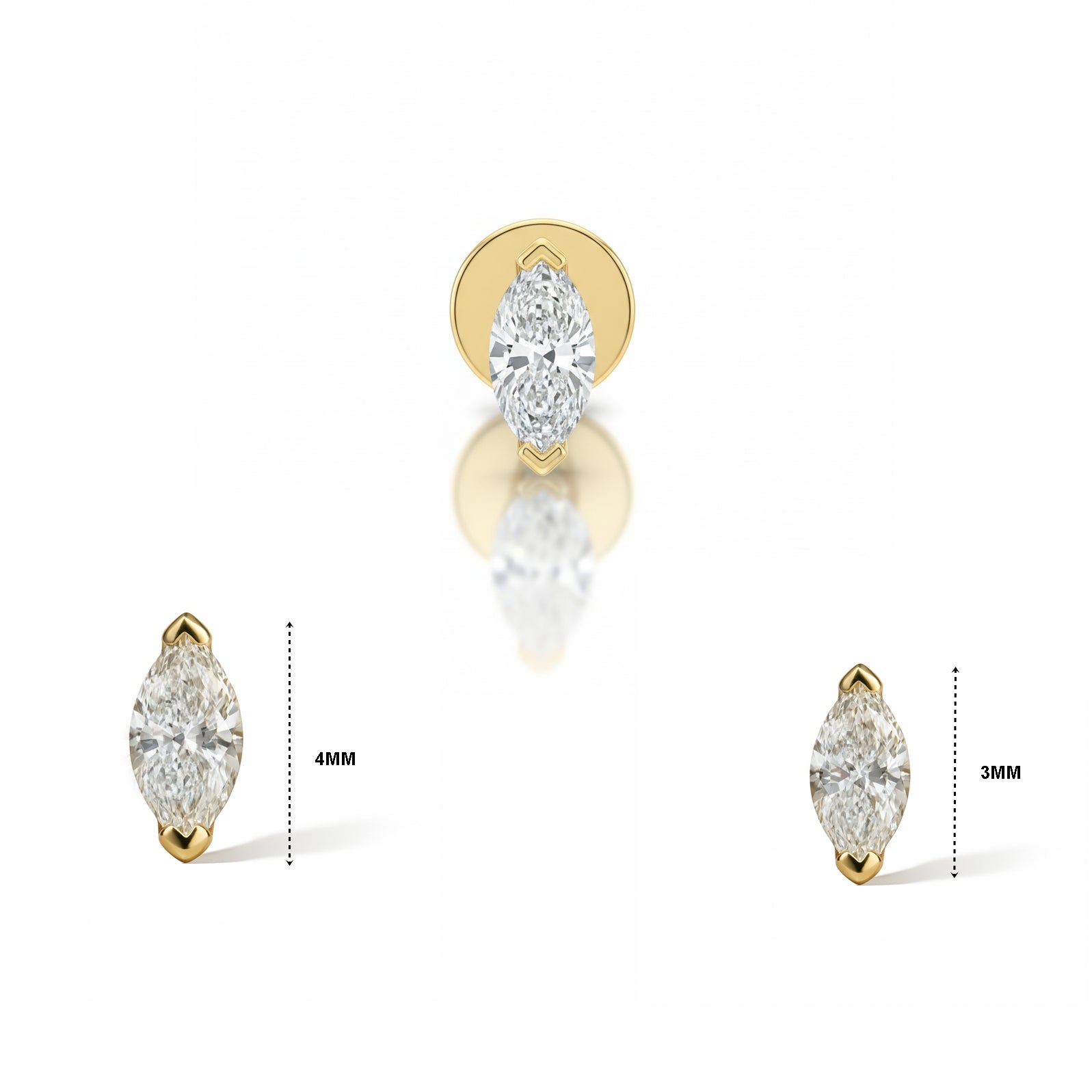 18K Gold Marquise Diamond Stud (3mm &amp; 4mm)