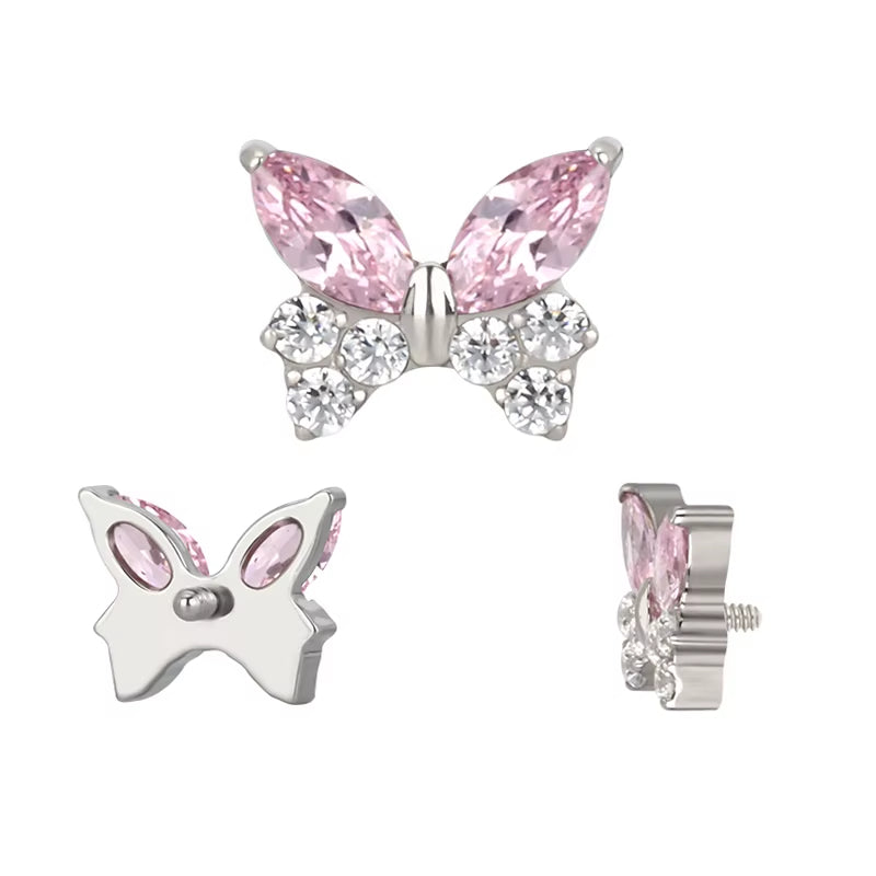 Natural Titanium 16G (1.2MM) Internally Threaded Pink Crystal Butterfly Labret Stud