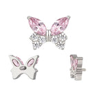 Natural Titanium 16G (1.2MM) Internally Threaded Pink Crystal Butterfly Labret Stud