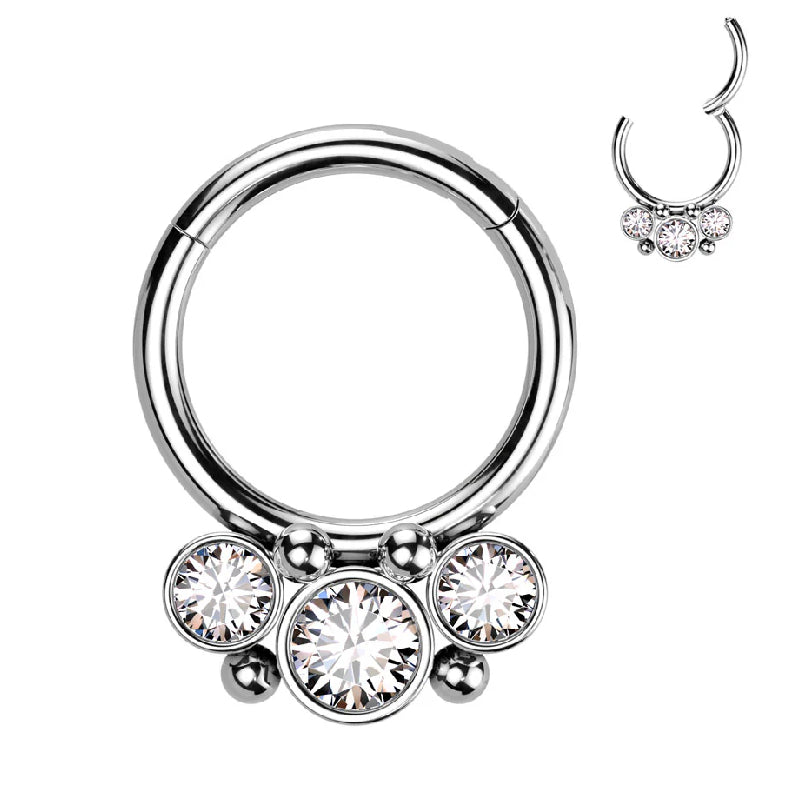 Natural Titanium 3 Round Crystal Daith &amp; Septum Piercing Hoop 16G 8MM