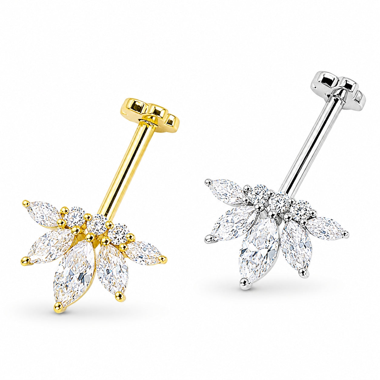 18K Gold Marquise Lotus Fan Vertical Helix (Bugadi) Stud