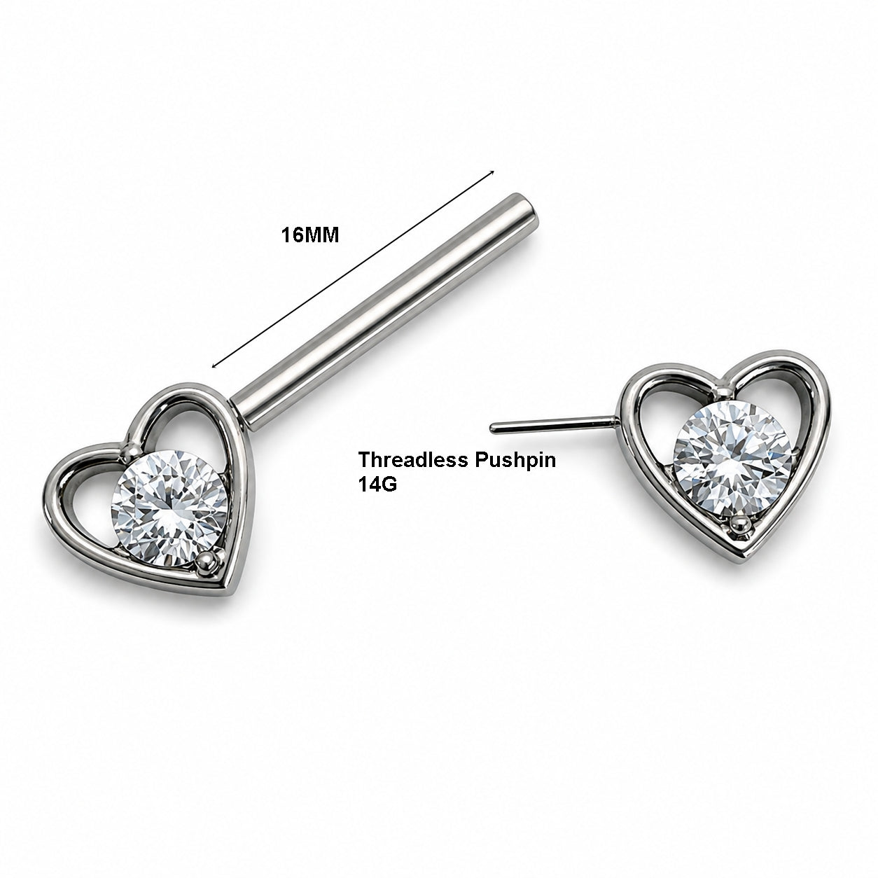 Titanium Heart Crystal Nipple Piercing Barbell – Threadless Push Pin