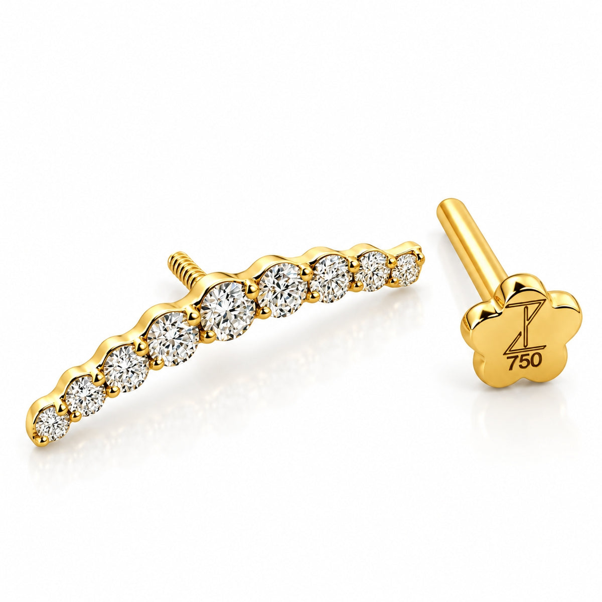18K Gold Graduated Moissanite Curved Bar Piercing Stud