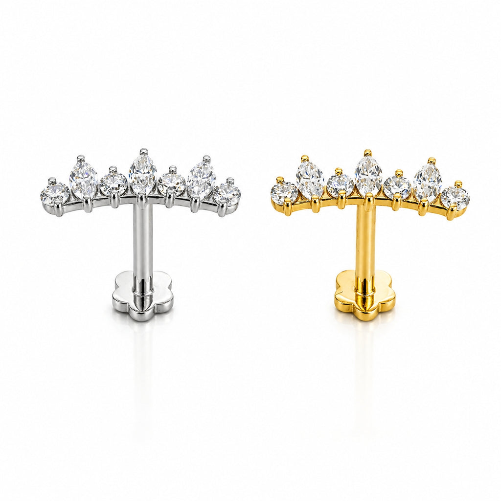 18K Solid Gold Marquise Crown Flat Back Stud with Moissanite