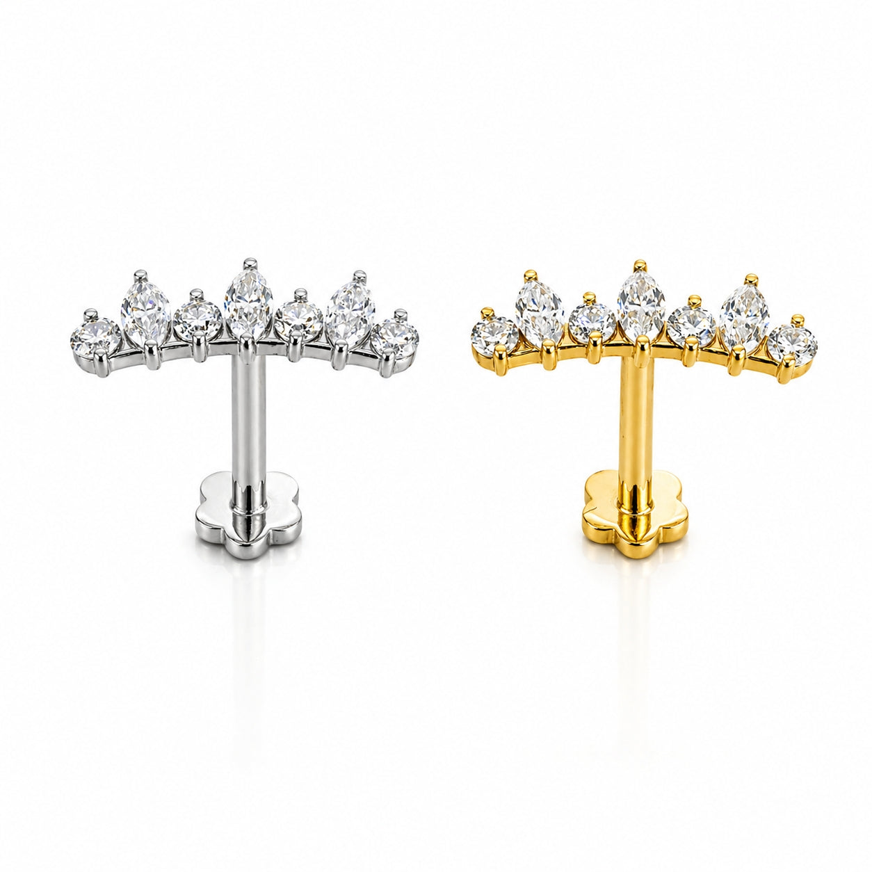 18K Solid Gold Marquise Crown Flat Back Stud with Moissanite