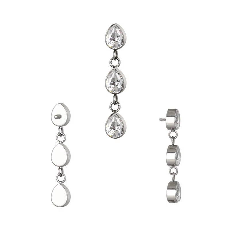 Natural Titanium 16G (1.2mm) Internally Threaded Marquise Double Drop Dangling Piercing Stud