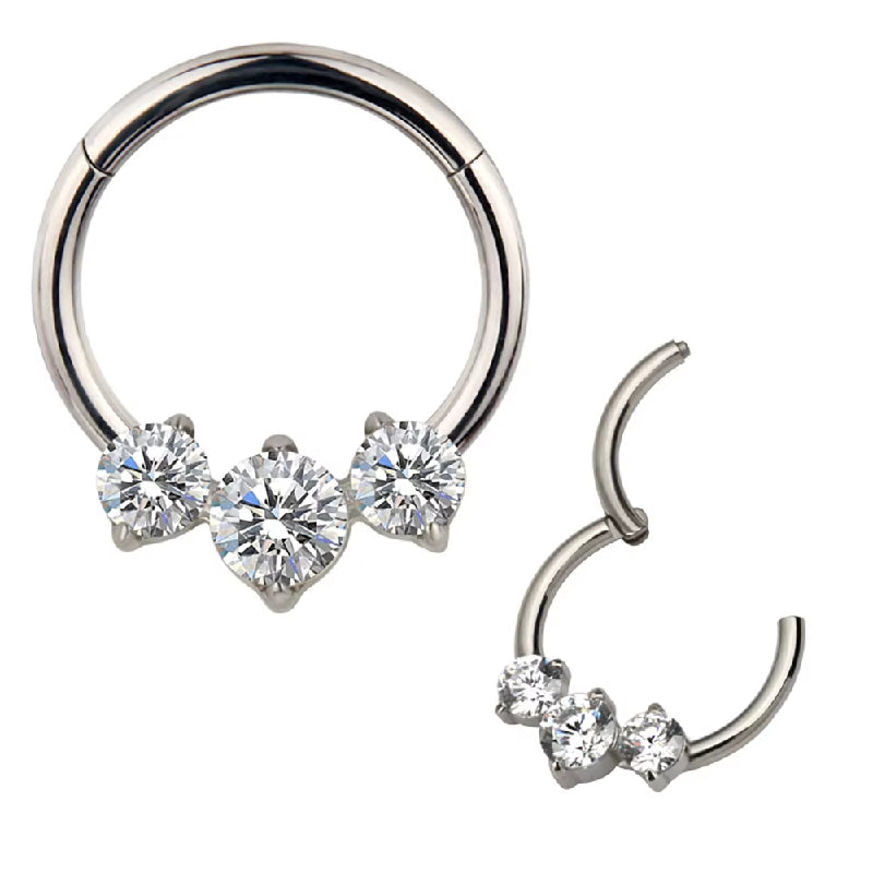 Natural Titanium 3 Round Crystal Daith &amp; Septum Piercing Hoop 16G 8MM