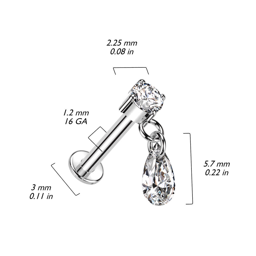 Titanium 16G (1.2mm) Internally Threaded Pear Drop Dangling Piercing Stud