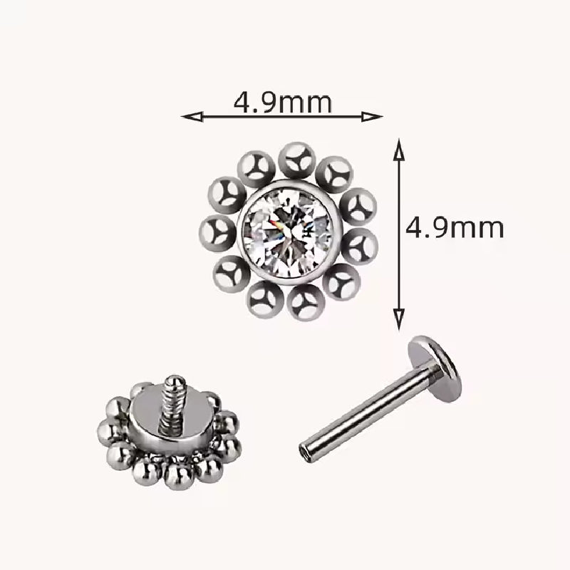 Natural Titanium 16G (1.2MM) Internally Threaded Round Dotted Crystal Piercing Stud