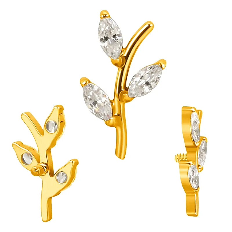 ASTM F136 Titanium 16G (1.2MM) Internally Threaded 3CZ Leaf Piercing Stud