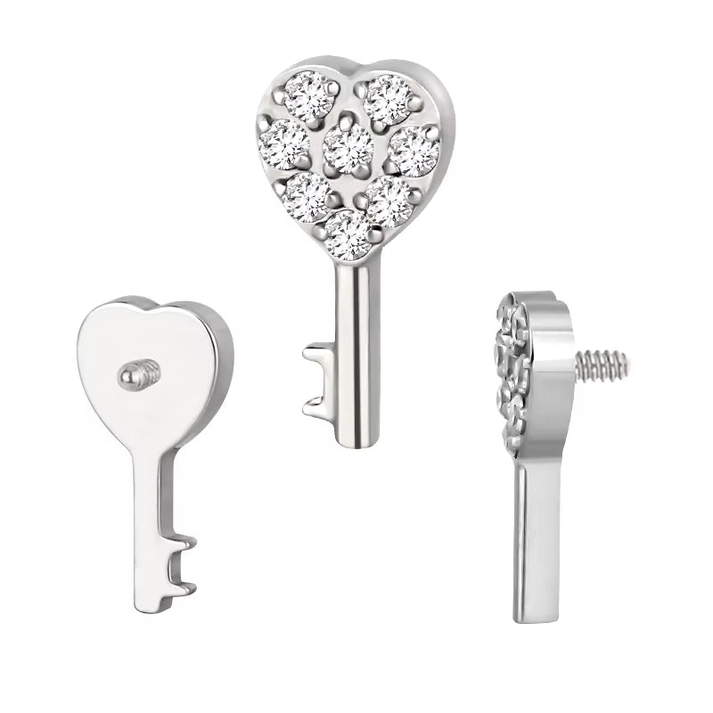 Natural  Titanium 16G (1.2MM) Internally Threaded Key Heart Piercing Stud