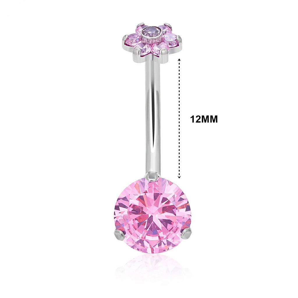 Titanium 14G (1.6MM) Internally Threaded Round Cut Pink Belly Piercing 12MM