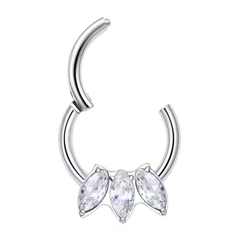 Natural Titanium 3 Marquise Crystal Daith &amp; Septum Piercing Hoop 16G 8MM