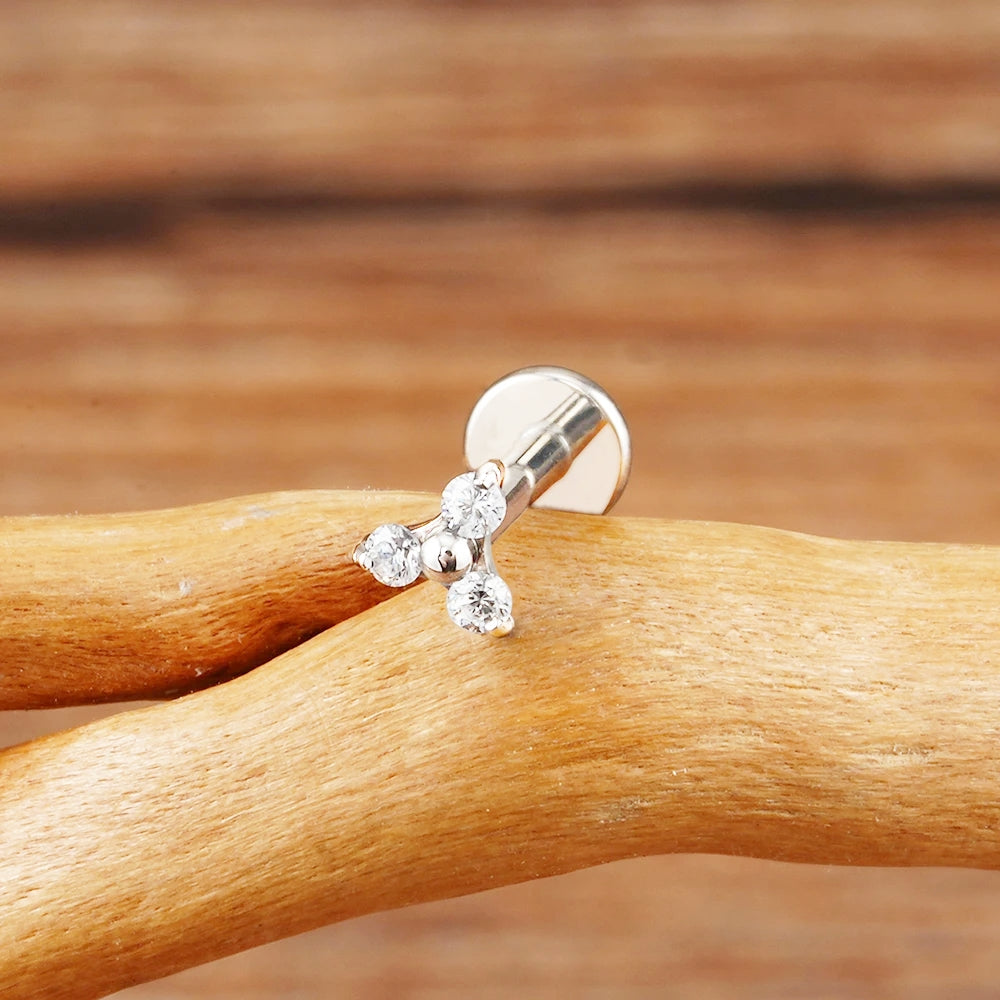 18k Gold Diamond Studded 16G (1.2MM) Internally Threaded Small Trinity Piercing Stud