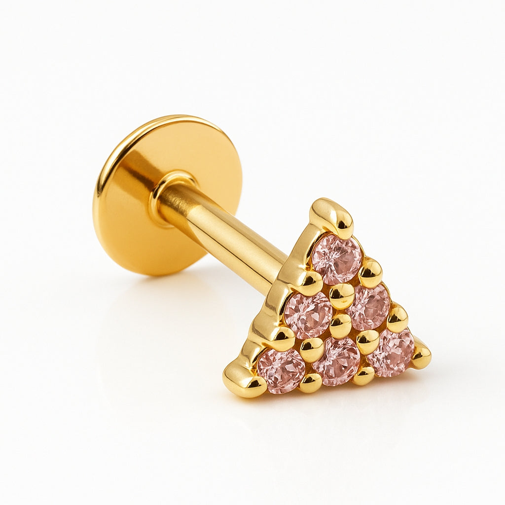 18K Yellow Gold Pink CZ Triangle Stud – Internally Threaded (Sold Per Piece)