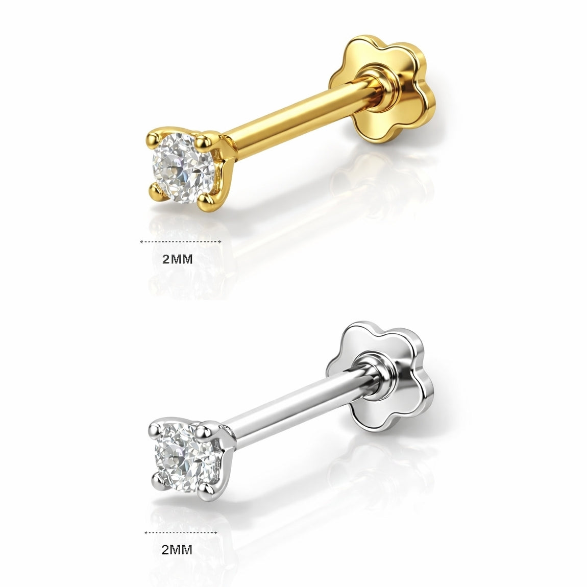 18K Gold Moissanite Flat Back Stud – Internally Threaded (16G)