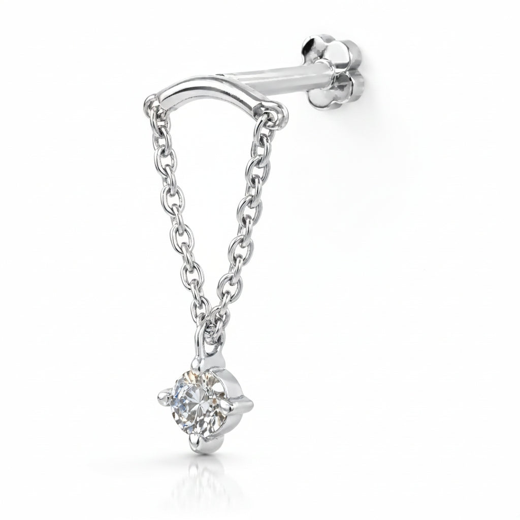 18K White Gold Hidden Helix Chain with Natural Diamond Drop