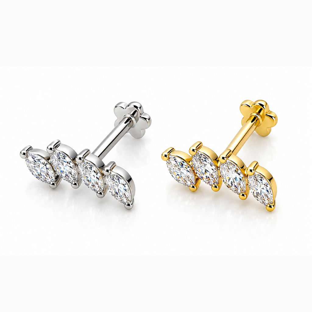 18K Gold Four Marquise Lab-Grown Diamond Curved Piercing Stud
