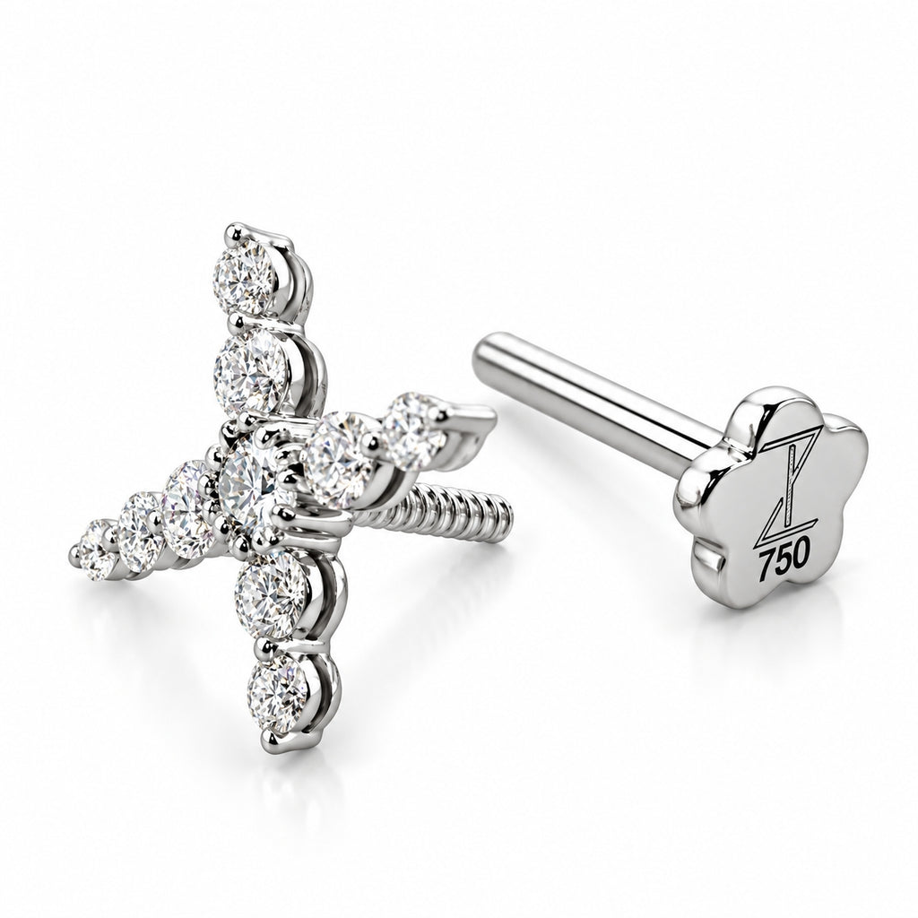 18K Gold Moissanite Cross Piercing Stud