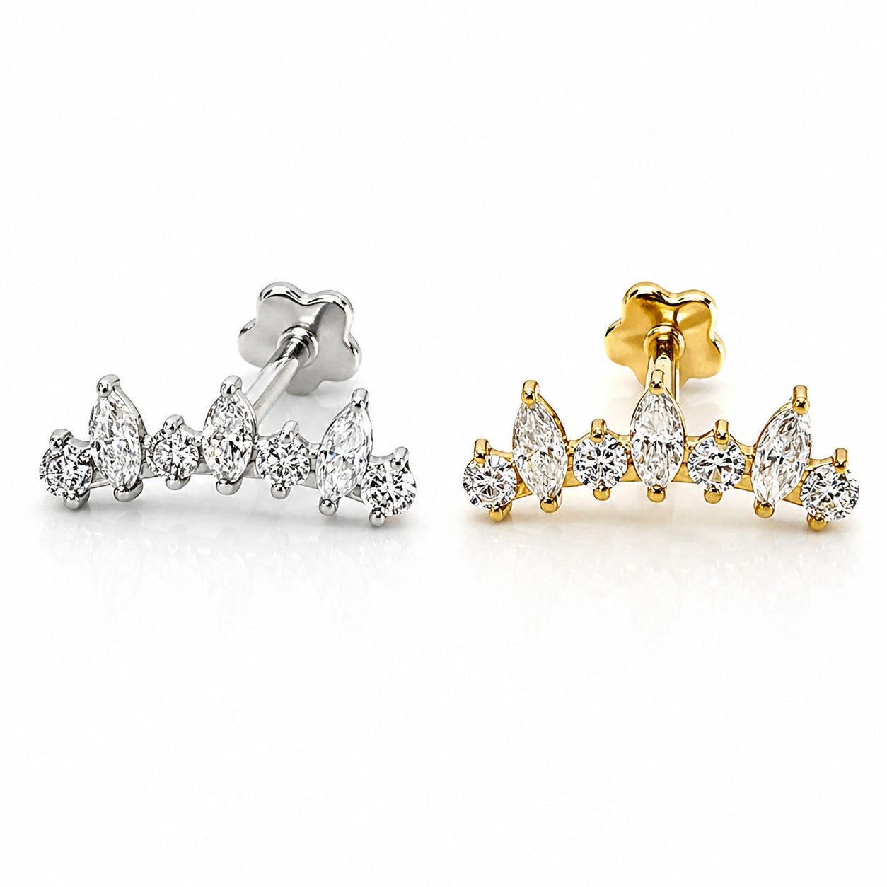 18K Solid Gold Marquise Crown Flat Back Stud with Moissanite