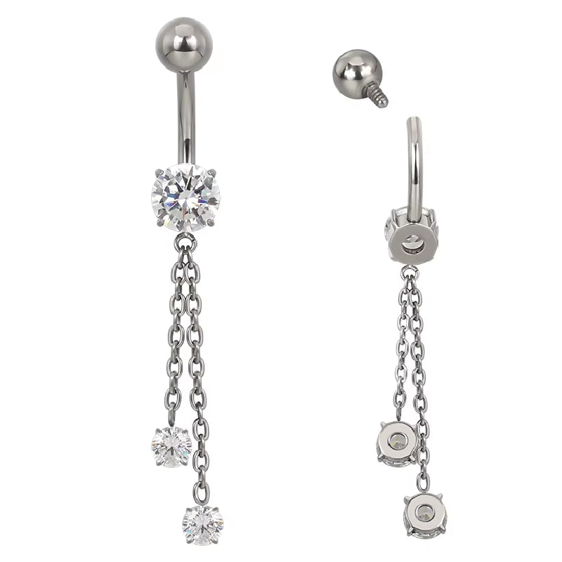 Premium Titanium Hanging Crystals with Chain Belly Ring | 14G (1.6MM) | 10MM Bar
