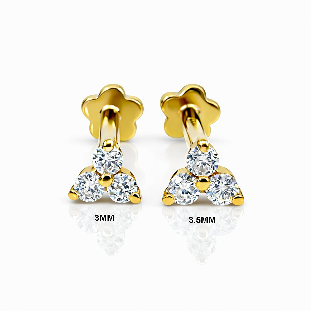 18K Gold Moissanite Flat Back Trinity Stud – Internally Threaded (16G)