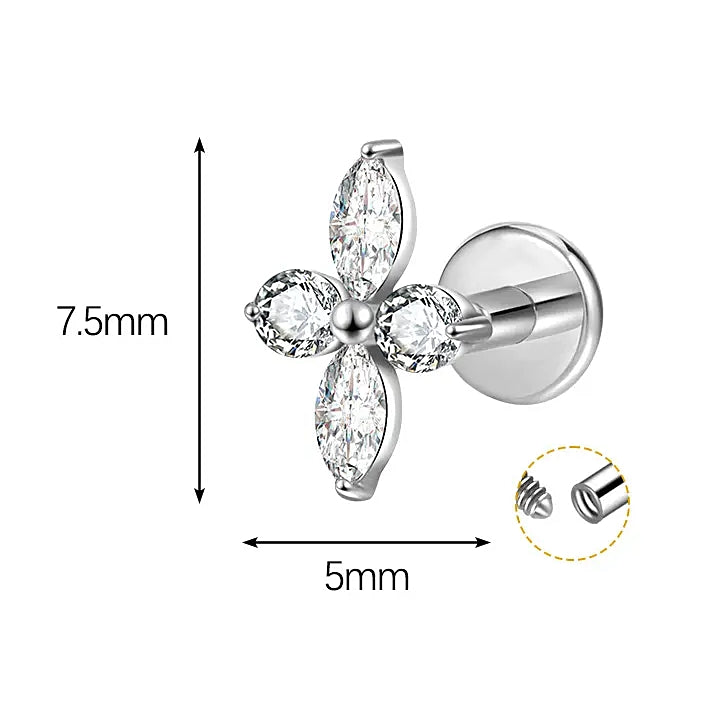 ASTM F136 Titanium 16G (1.2MM) Internally Threaded 4CZ Leaf Piercing Stud