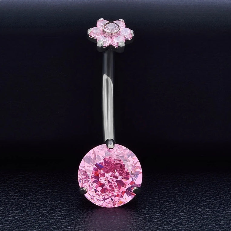 Titanium 14G (1.6MM) Internally Threaded Round Cut Pink Belly Piercing 12MM