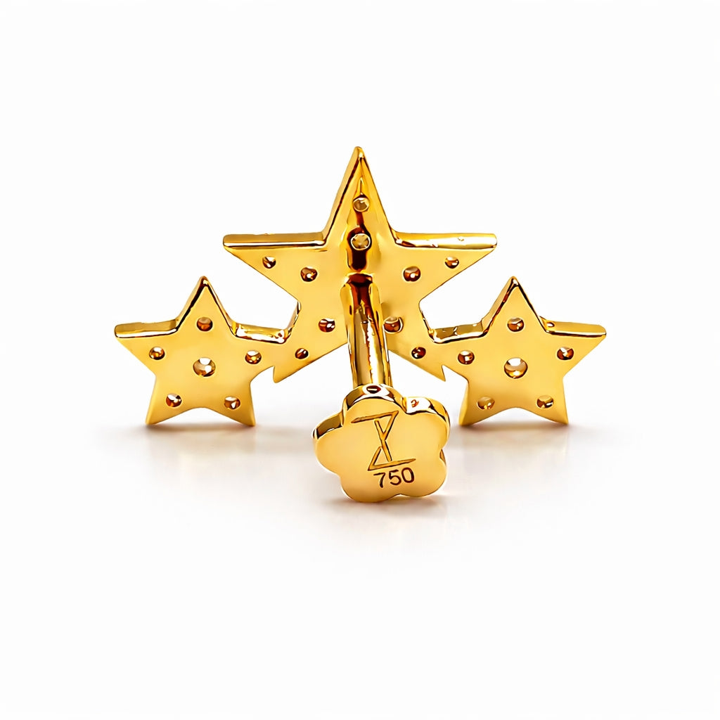 18K Yellow Gold Triple Star Moissanite Threaded End – 16G (Sold Per Piece)