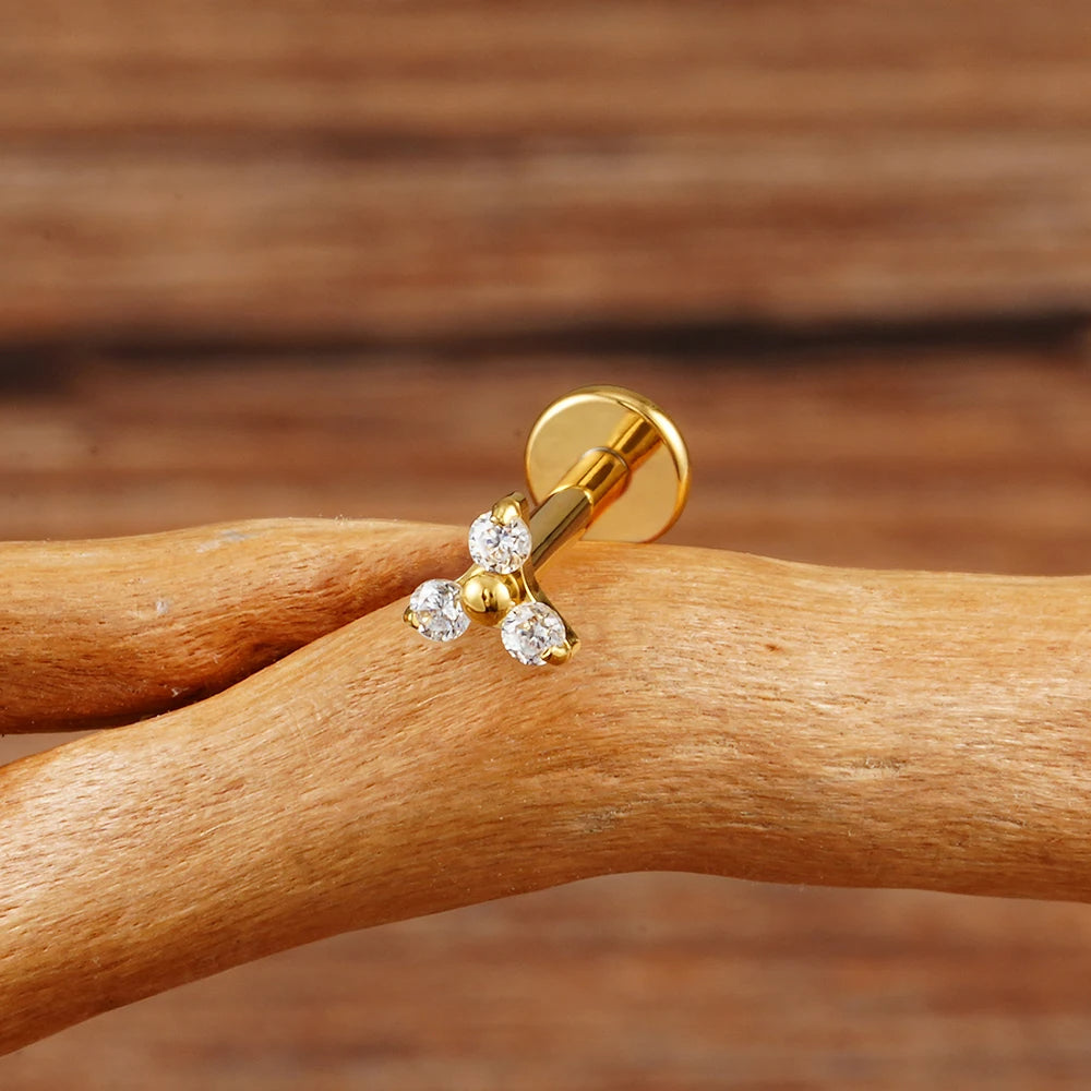 18k Gold Diamond Studded 16G (1.2MM) Internally Threaded Small Trinity Piercing Stud