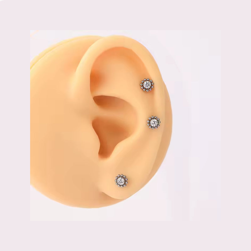 Natural Titanium 16G (1.2MM) Internally Threaded Round Dotted Crystal Piercing Stud