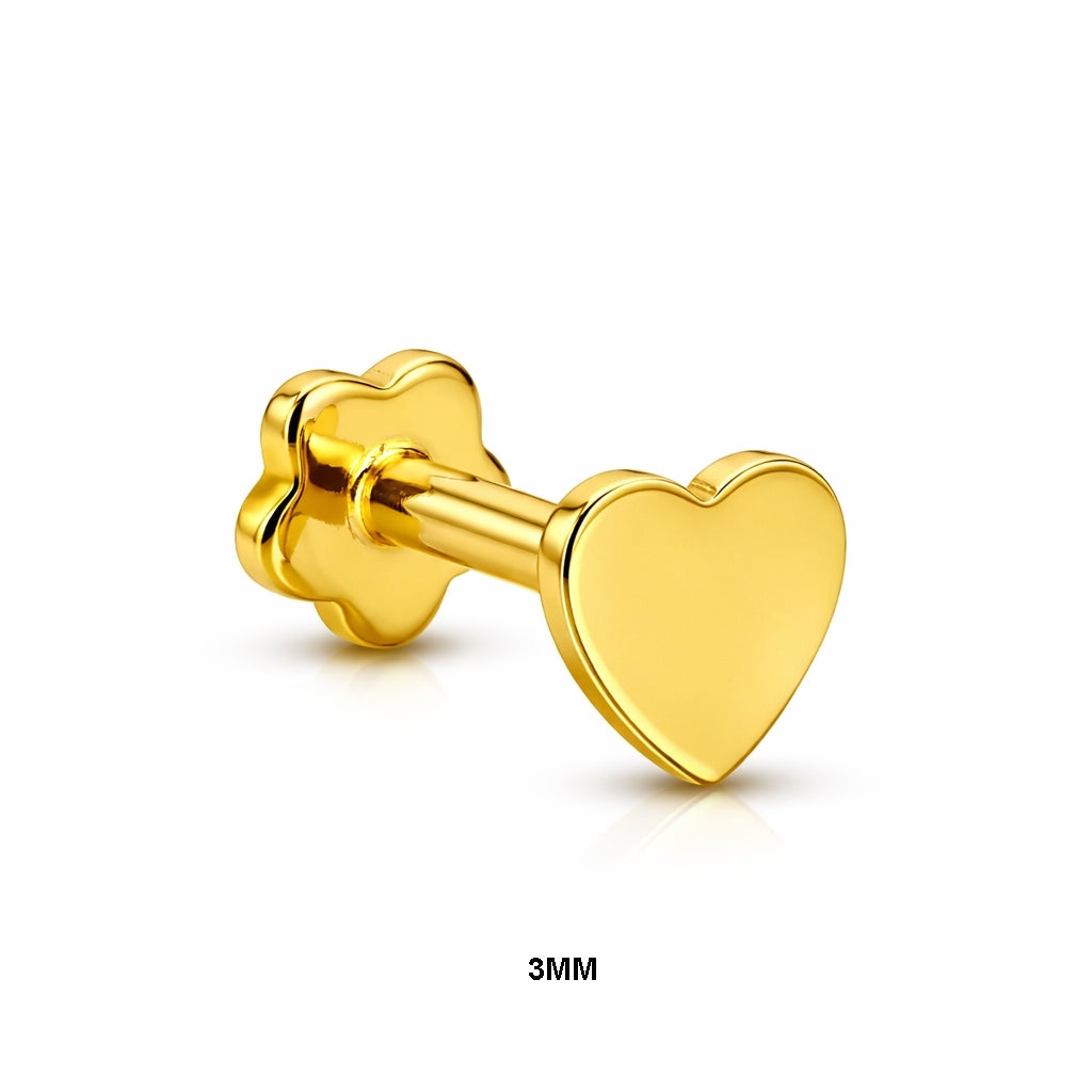 18K Gold Solid Heart Ear Piercing Stud