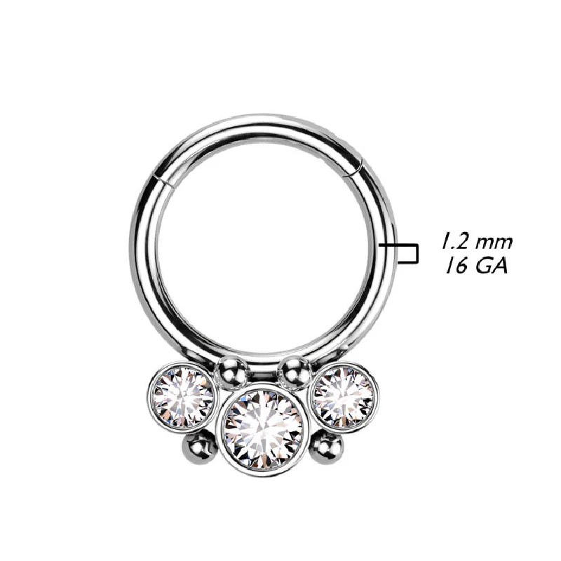 Natural Titanium 3 Round Crystal Daith &amp; Septum Piercing Hoop 16G 8MM