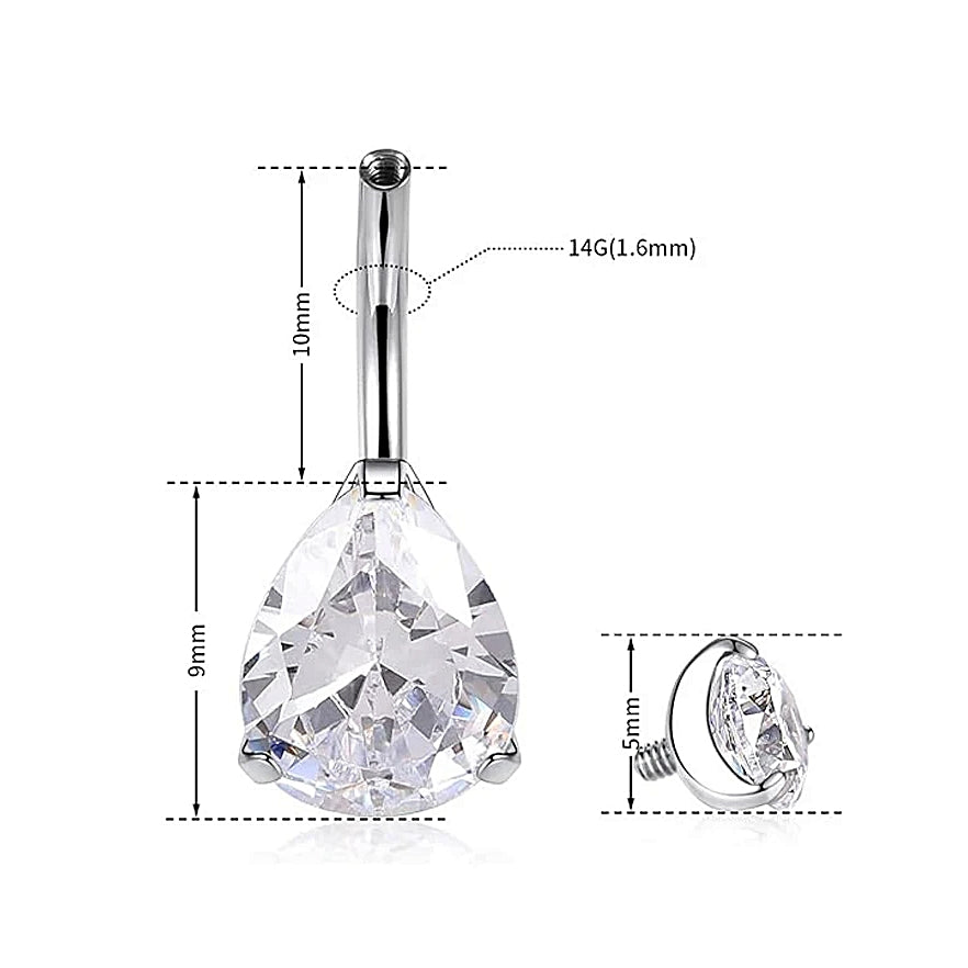 ASTM F136 Titanium 14G (1.6MM) Internally Threaded White Water Drop Belly Button Piercing 10MM