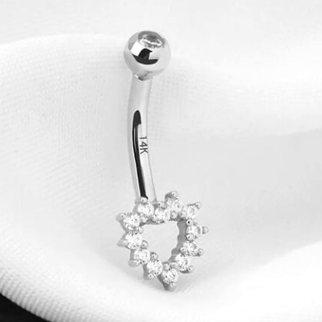 14K Solid White Gold Heart Belly Button Ring